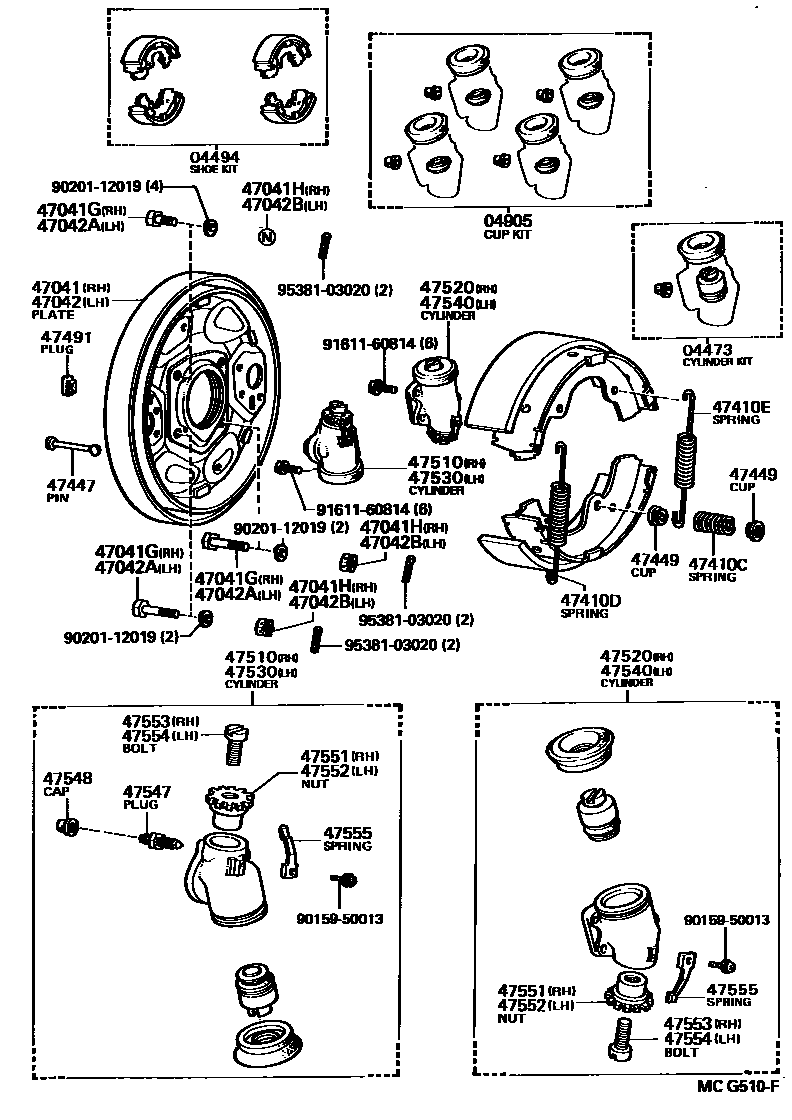 Toyota HILUX 前鼓式制动器分泵和底板 EPC diagram — MCG510F