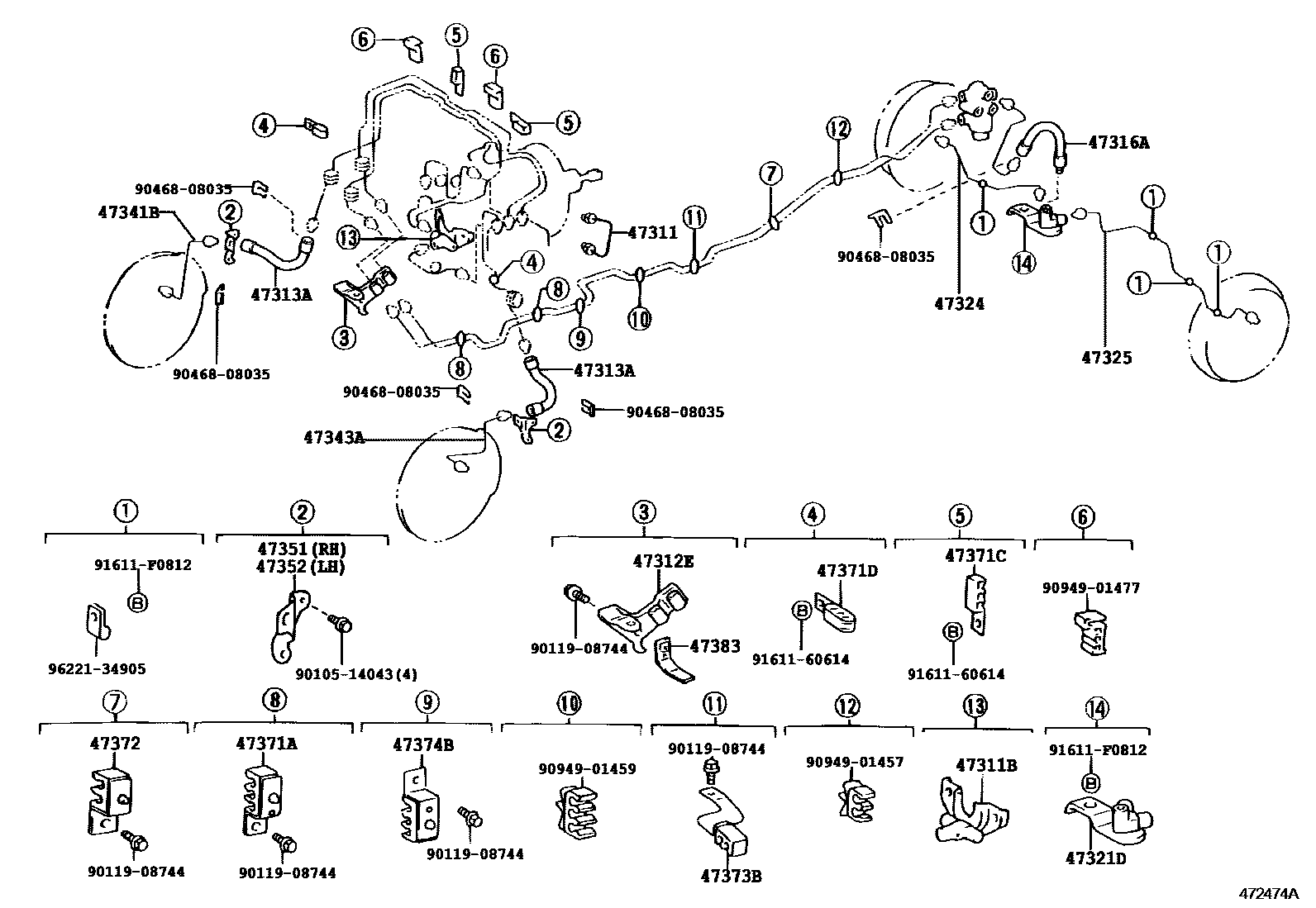 Toyota HILUX 制动配管和卡箍 EPC diagram — 472474A
