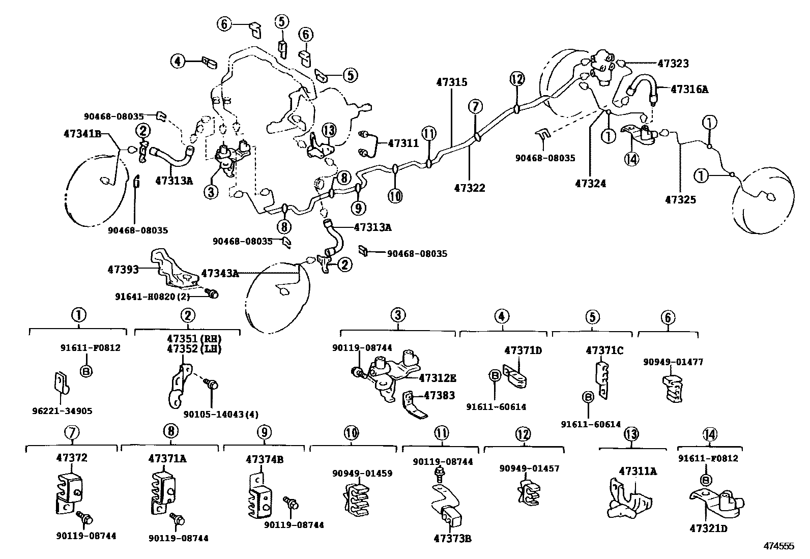 Toyota HILUX 制动配管和卡箍 EPC diagram — 474555