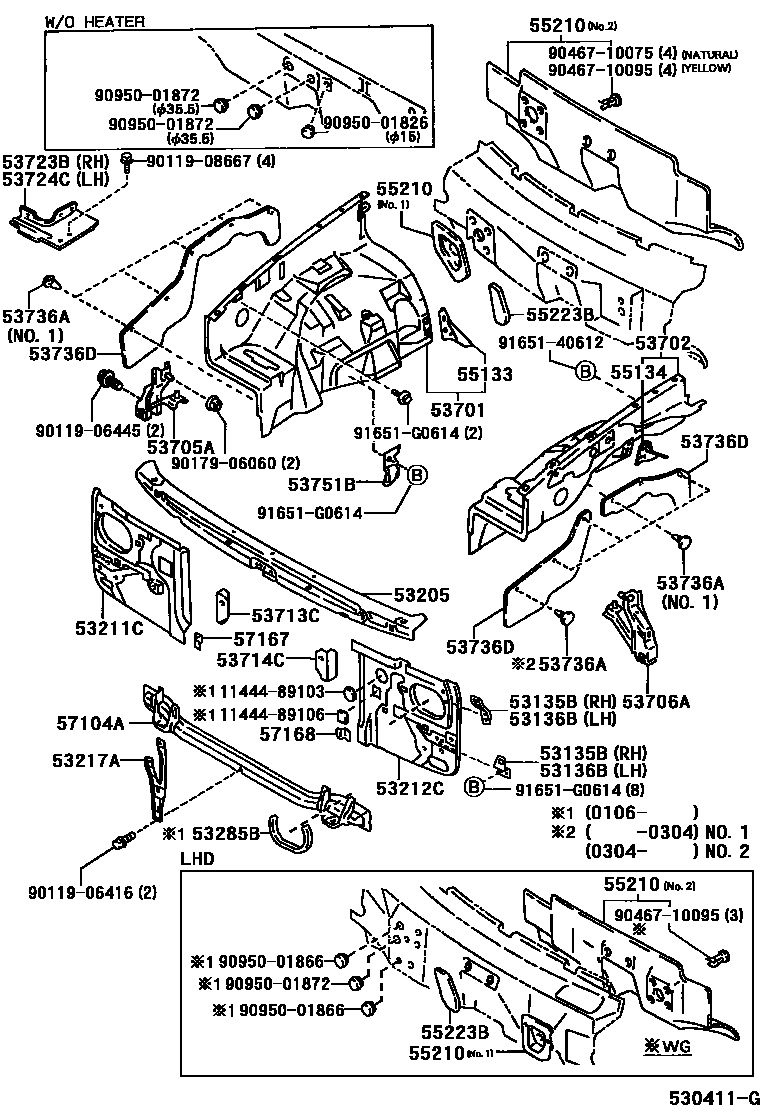 Toyota HILUX 前翼子板挡泥板和前围板 EPC diagram — 530411G