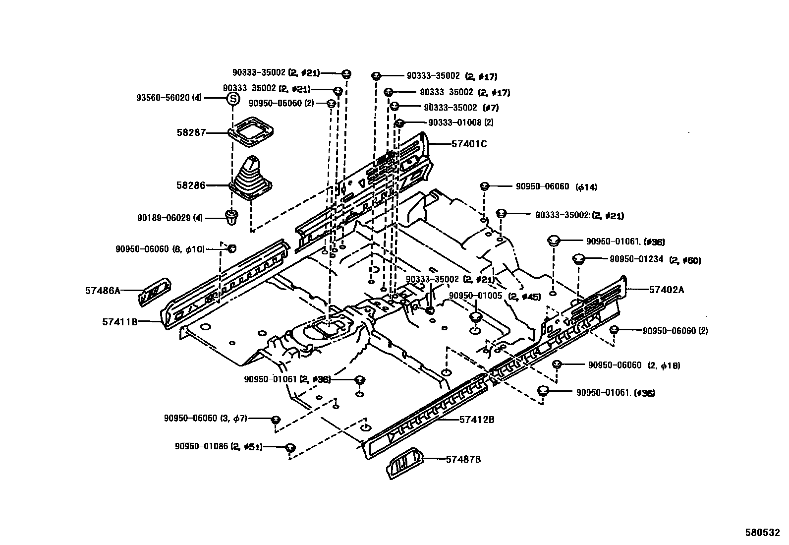 Toyota HILUX 前地板和前地板梁 EPC diagram — 580532