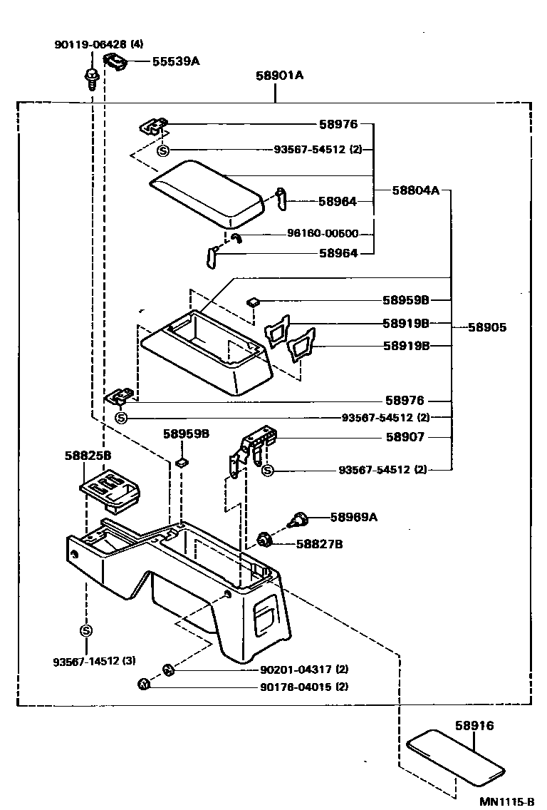 Toyota HILUX 中央扶手箱和支架 EPC diagram — MN1115B
