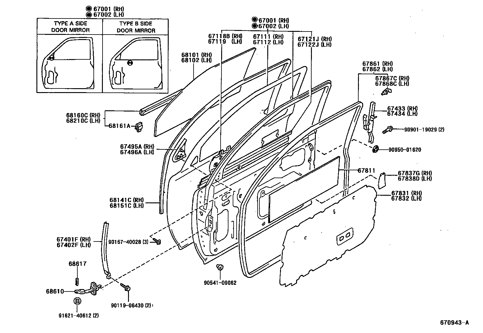 Toyota HILUX 前门板和前门玻璃 EPC diagram — 670943A