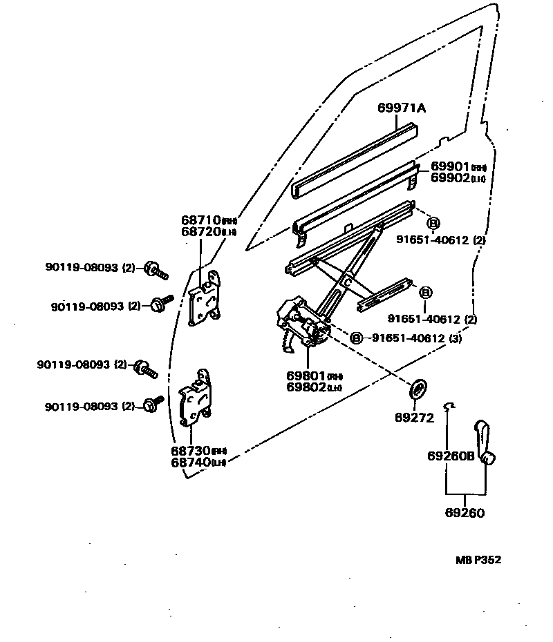 Toyota HILUX 前门车窗升降器和合页 EPC diagram — MBP352
