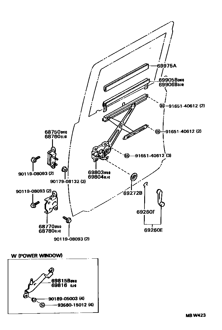 Toyota HILUX 后门车窗升降器和合页 EPC diagram — MBW423