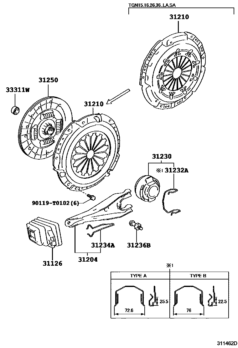 Toyota HILUX 离合器和分离叉 EPC diagram — 311462D