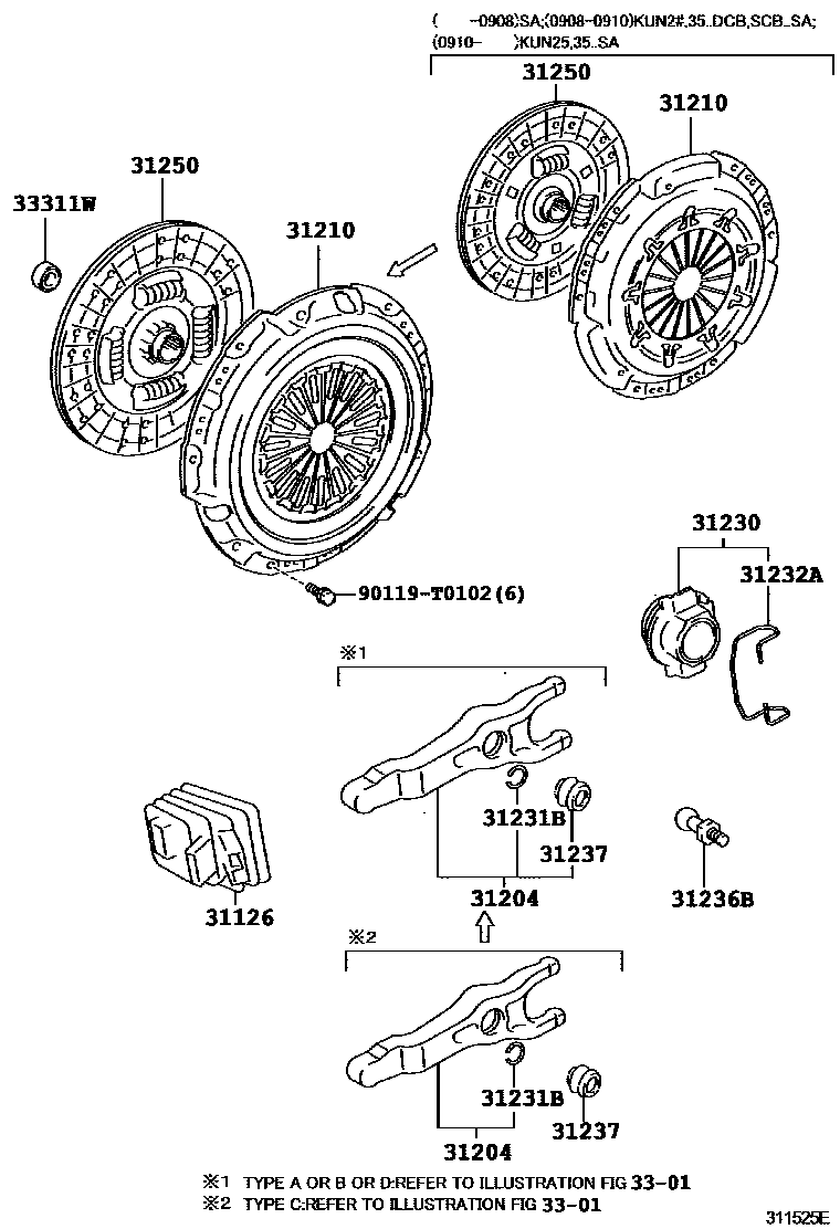Toyota HILUX 离合器和分离叉 EPC diagram — 311525E