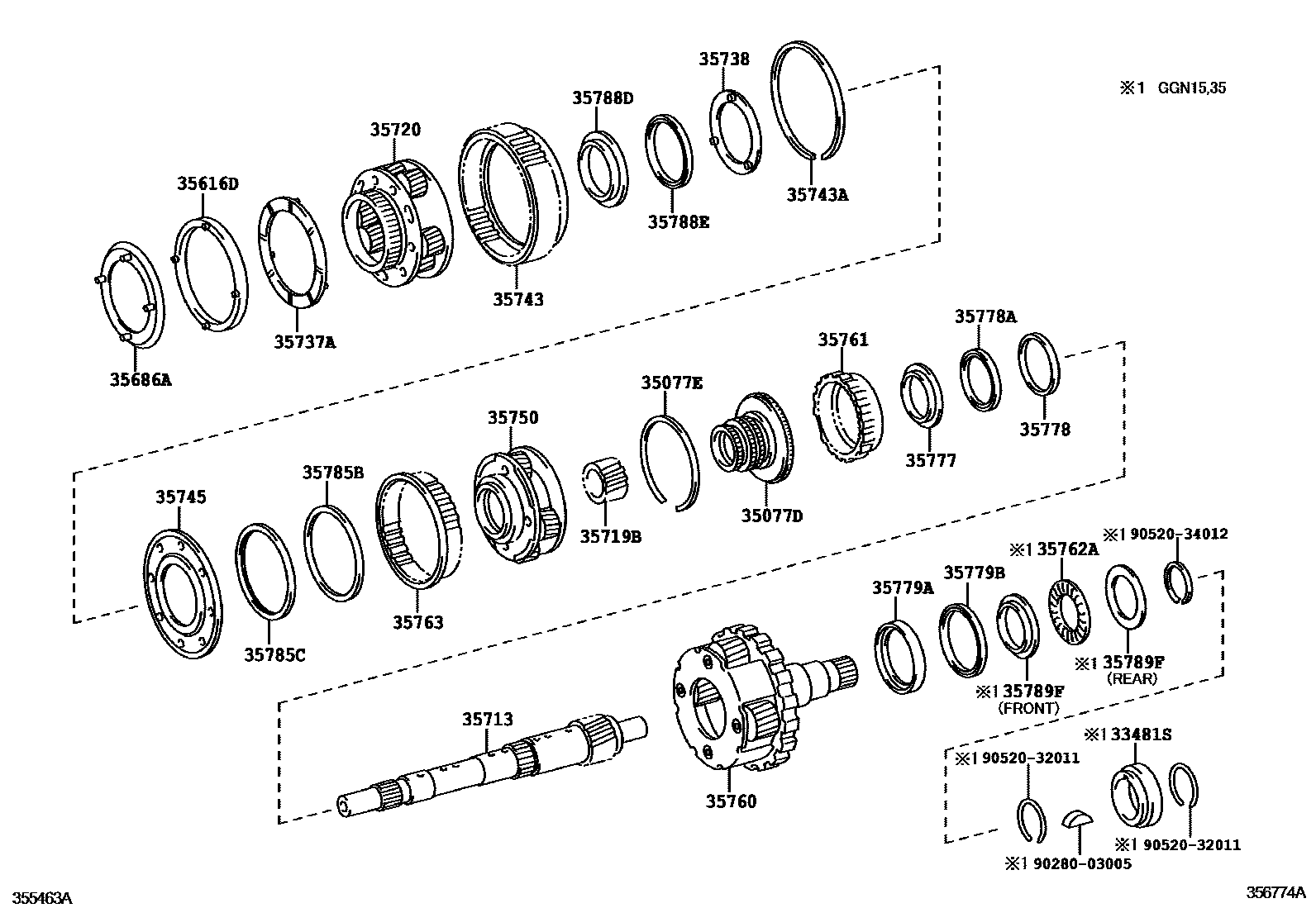 Toyota HILUX 行星齿轮、倒档活塞和中间轴齿轮(ATM) EPC diagram — 356774A