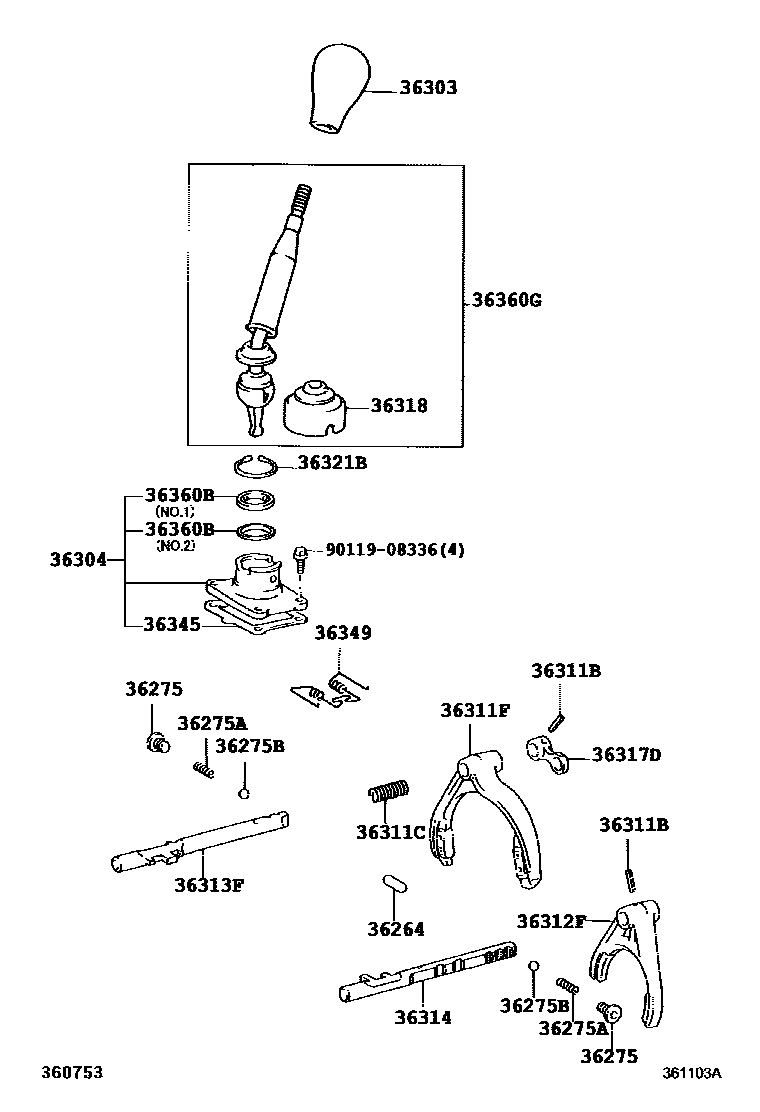 Toyota HILUX Transfer Lever & Shift Fork Shaft EPC diagram — 361103A