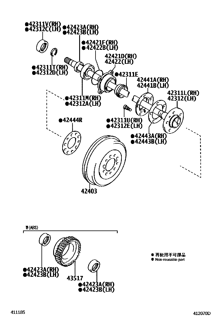 Toyota HILUX 后桥半轴和后桥轮毂 EPC diagram — 412070D