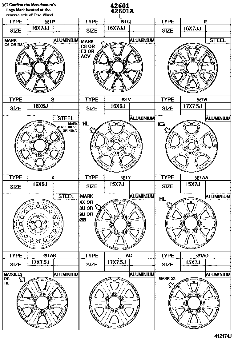 Toyota HILUX 车轮和车轮盖 EPC diagram — 412174J