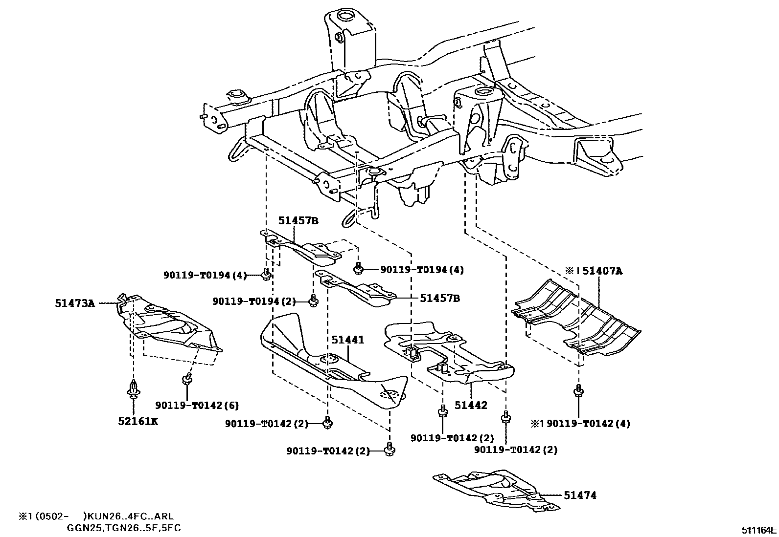 Toyota HILUX 悬架横梁和发动机底罩 EPC diagram — 511164E