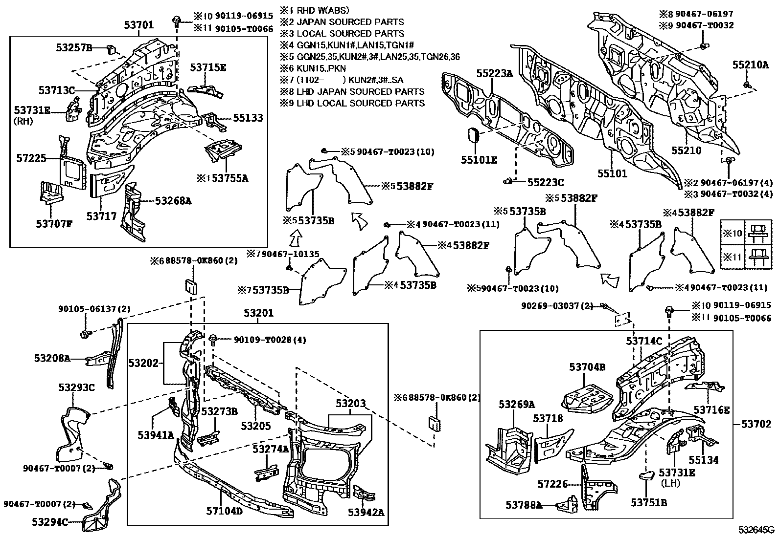 Toyota HILUX 前翼子板挡泥板和前围板 EPC diagram — 532645G