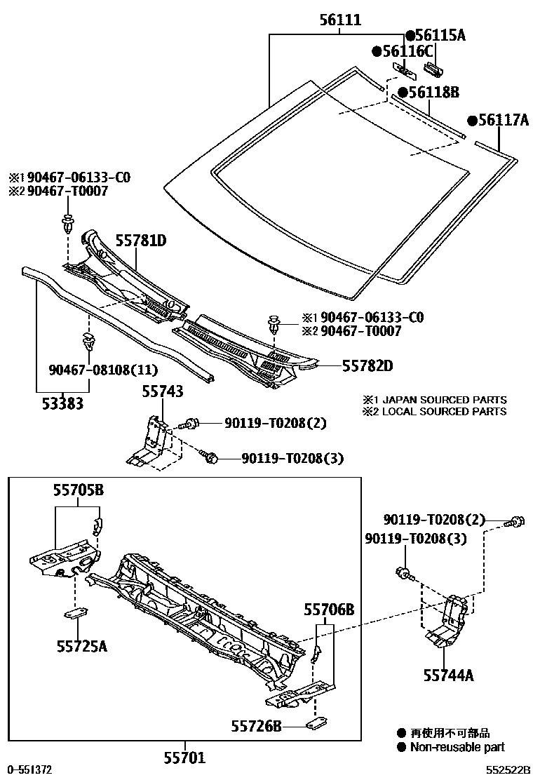 Toyota HILUX 前围板和挡风玻璃 EPC diagram — 552522B