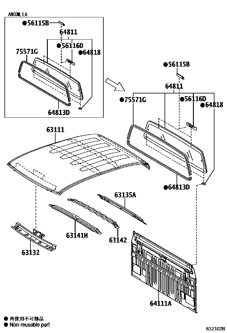 Toyota HILUX 天窗板和背板 EPC diagram — 612102B