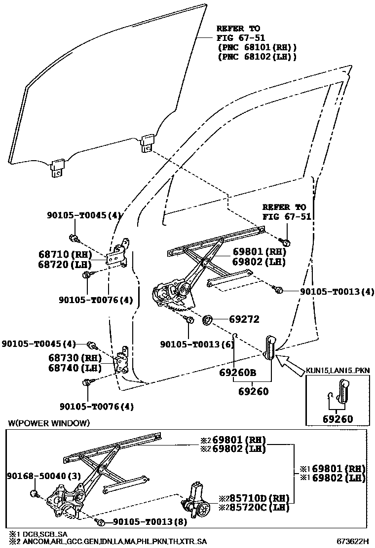 Toyota HILUX 前门车窗升降器和合页 EPC diagram — 673622H