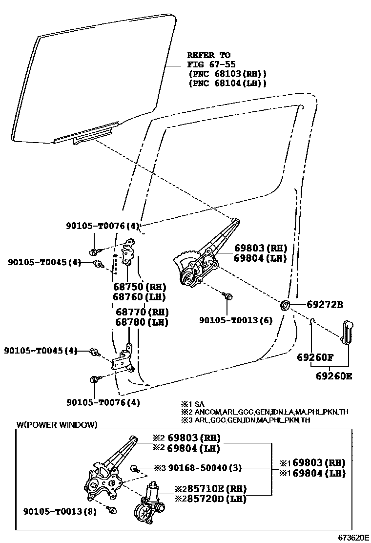 Toyota HILUX 后门车窗升降器和合页 EPC diagram — 673620E