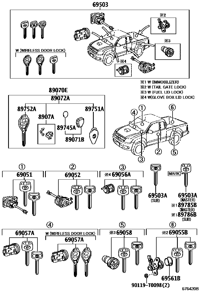 Toyota HILUX 锁芯组件 EPC diagram — 676420B