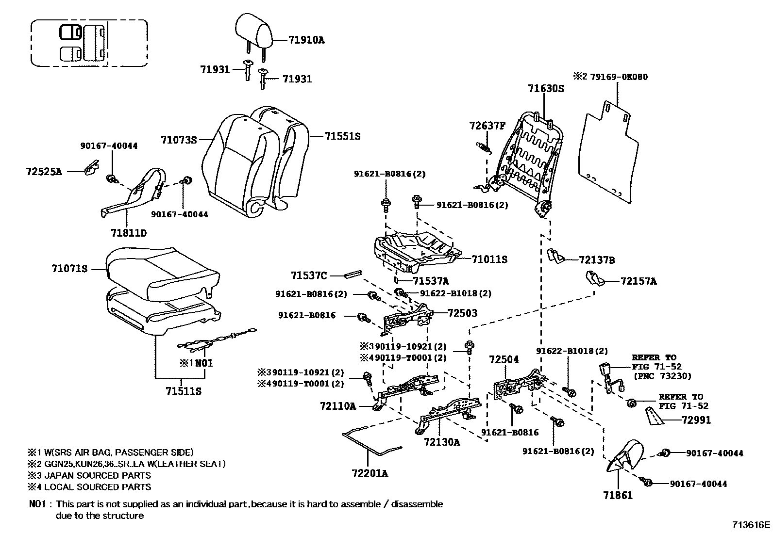 Toyota HILUX 座椅和座椅滑轨 EPC diagram — 713616E