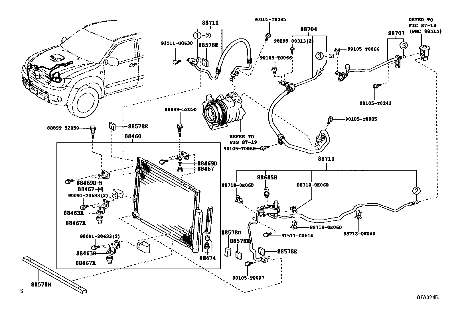 Toyota HILUX Heating & Air Conditioning - Cooler Piping EPC diagram — 87A321B