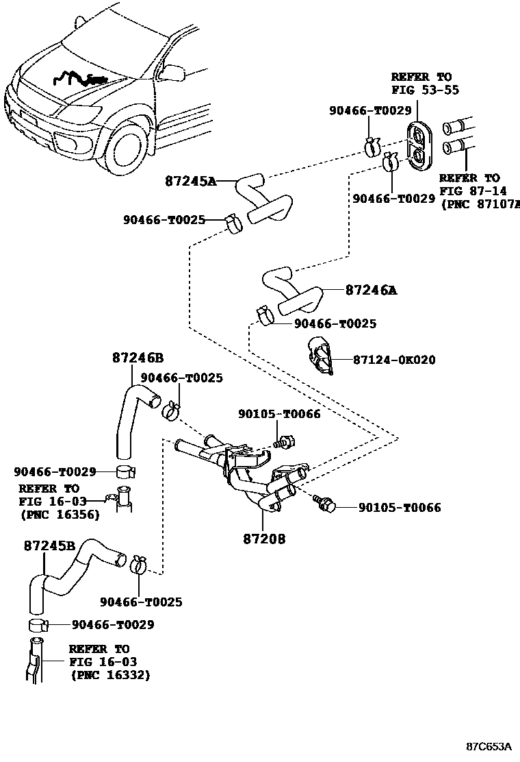 Toyota HILUX 暖风和空调系统 - 水管 EPC diagram — 87C653A
