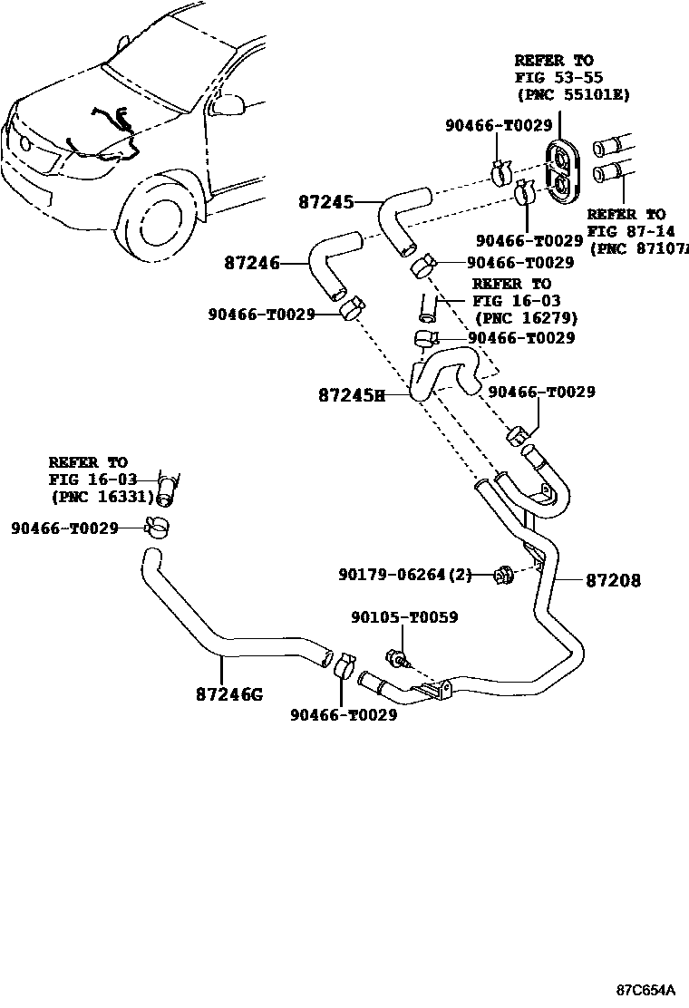 Toyota HILUX 暖风和空调系统 - 水管 EPC diagram — 87C654A