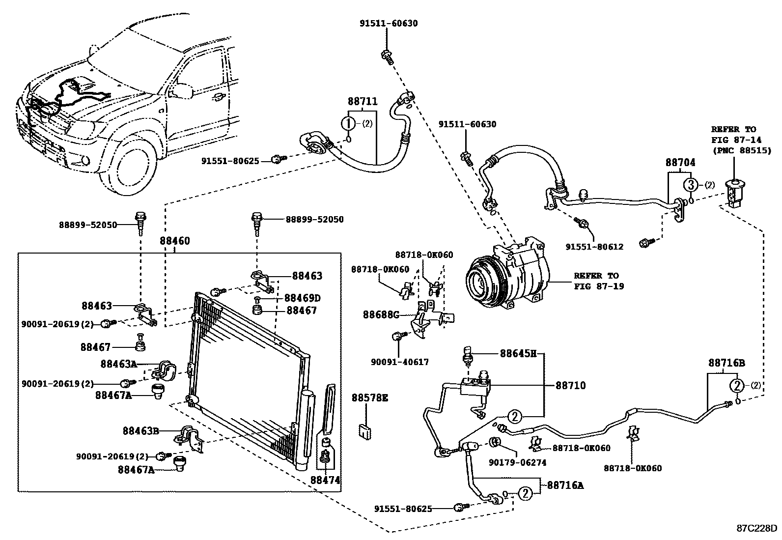 Toyota HILUX Heating & Air Conditioning - Cooler Piping EPC diagram — 87C228D