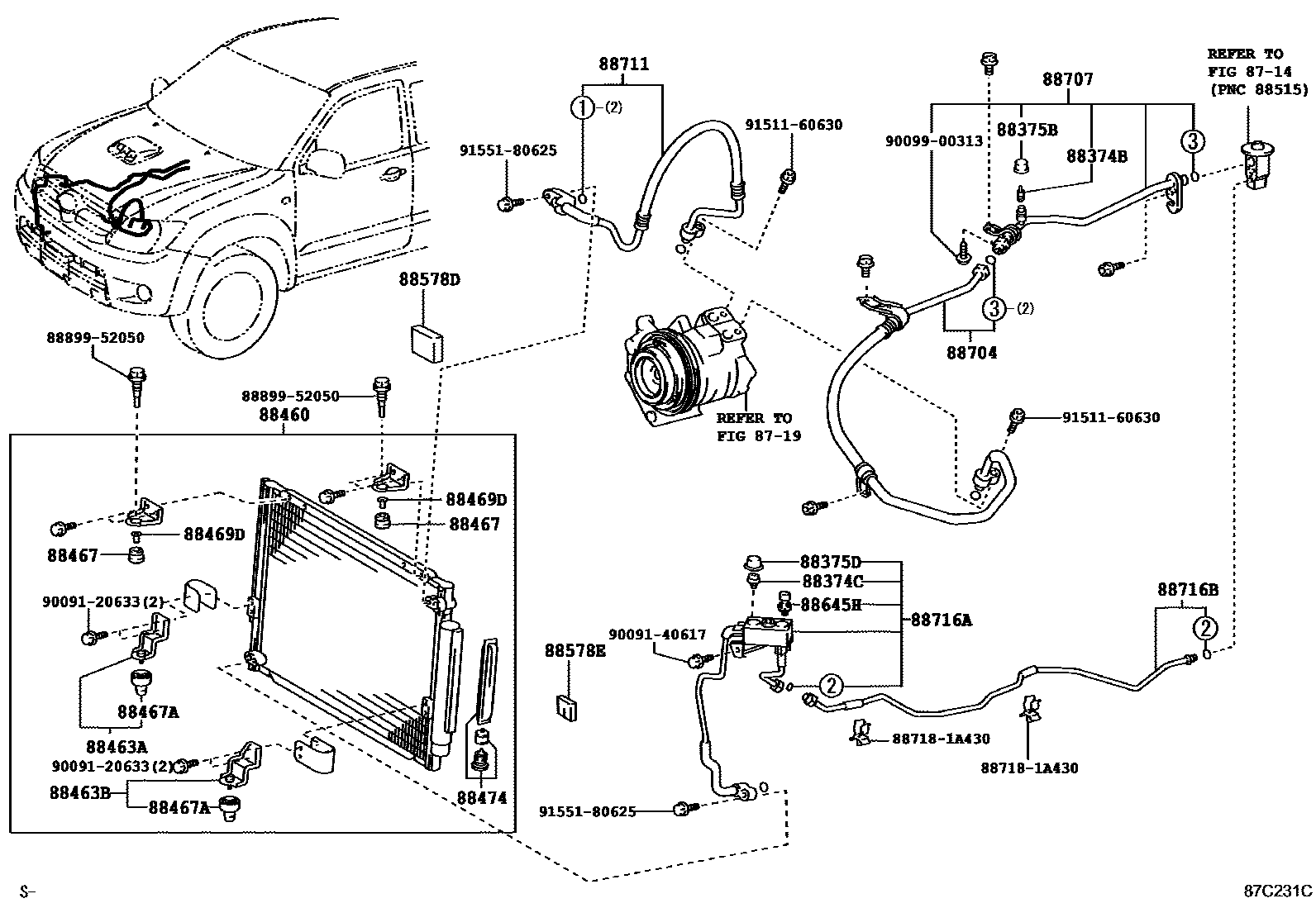 Toyota HILUX Heating & Air Conditioning - Cooler Piping EPC diagram — 87C231C