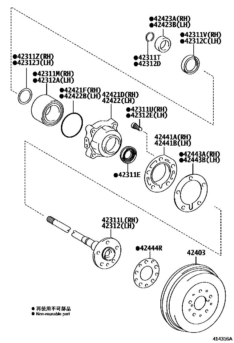 Toyota HILUX 后桥半轴和后桥轮毂 EPC diagram — 414316A