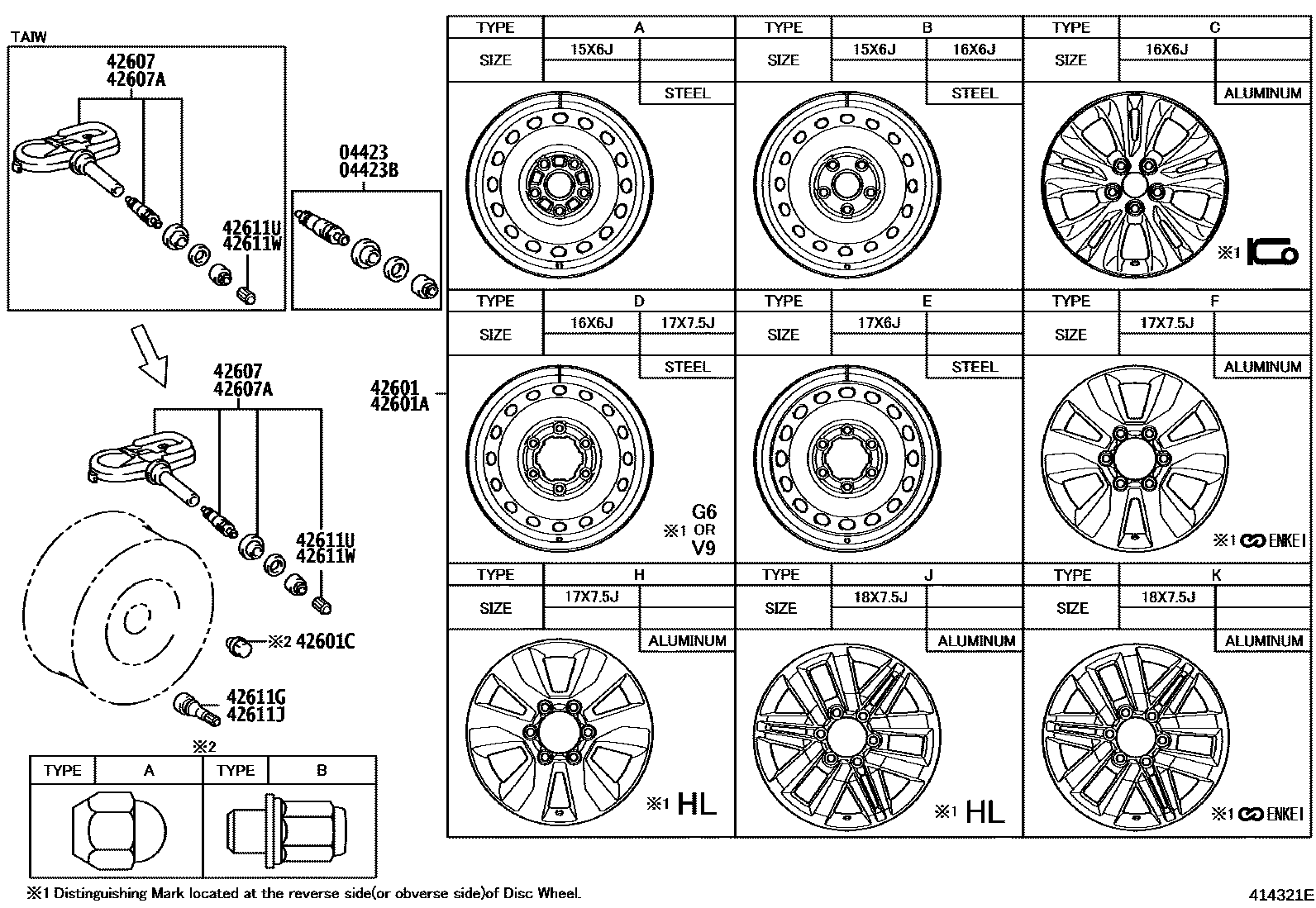 Toyota HILUX 车轮和车轮盖 EPC diagram — 414321E