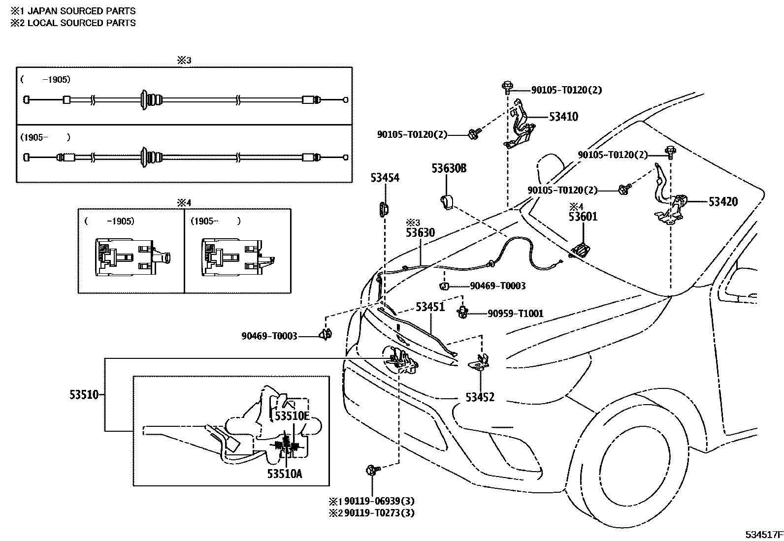 Toyota HILUX 发动机盖锁和铰链 EPC diagram — 534517F