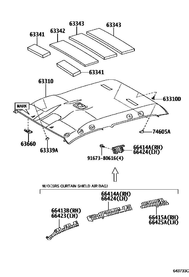 Toyota HILUX 车顶内衬和消声垫 EPC diagram — 643733C