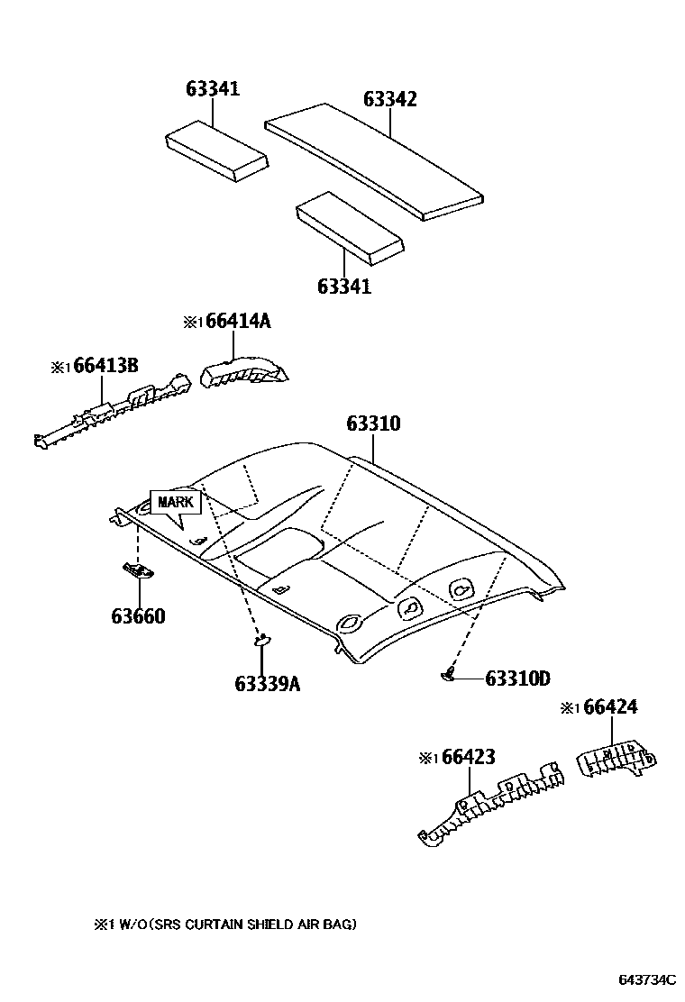 Toyota HILUX 车顶内衬和消声垫 EPC diagram — 643734C