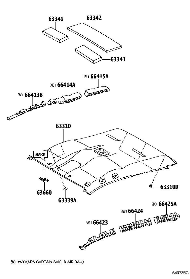 Toyota HILUX 车顶内衬和消声垫 EPC diagram — 643735C