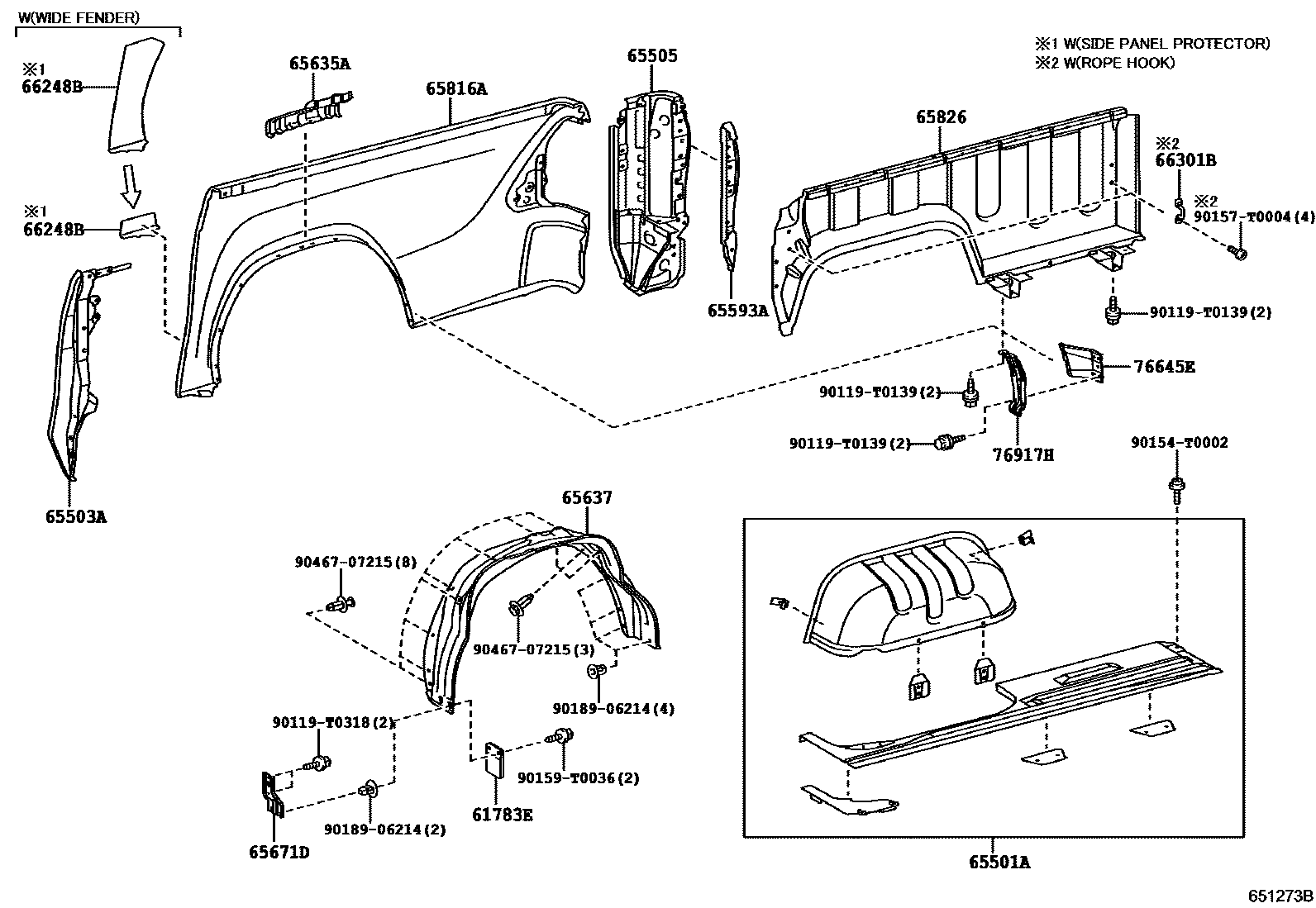 Toyota HILUX 后车身侧面板 EPC diagram — 651273B