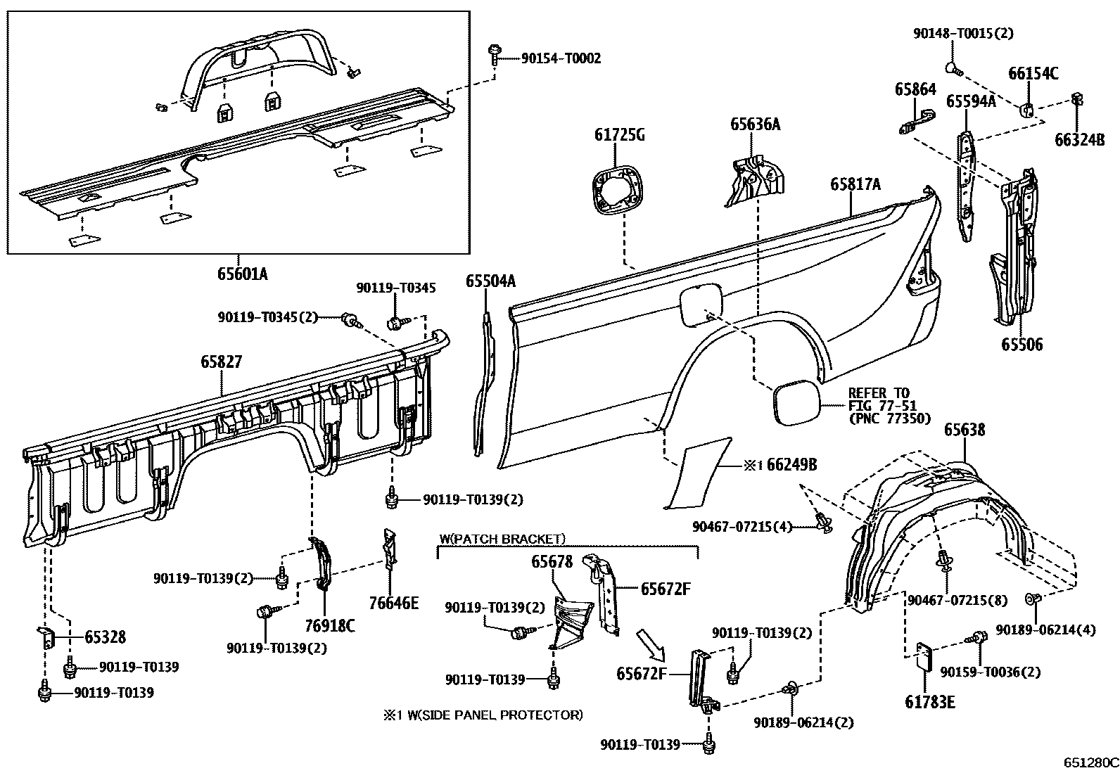 Toyota HILUX 后车身侧面板 EPC diagram — 651280C