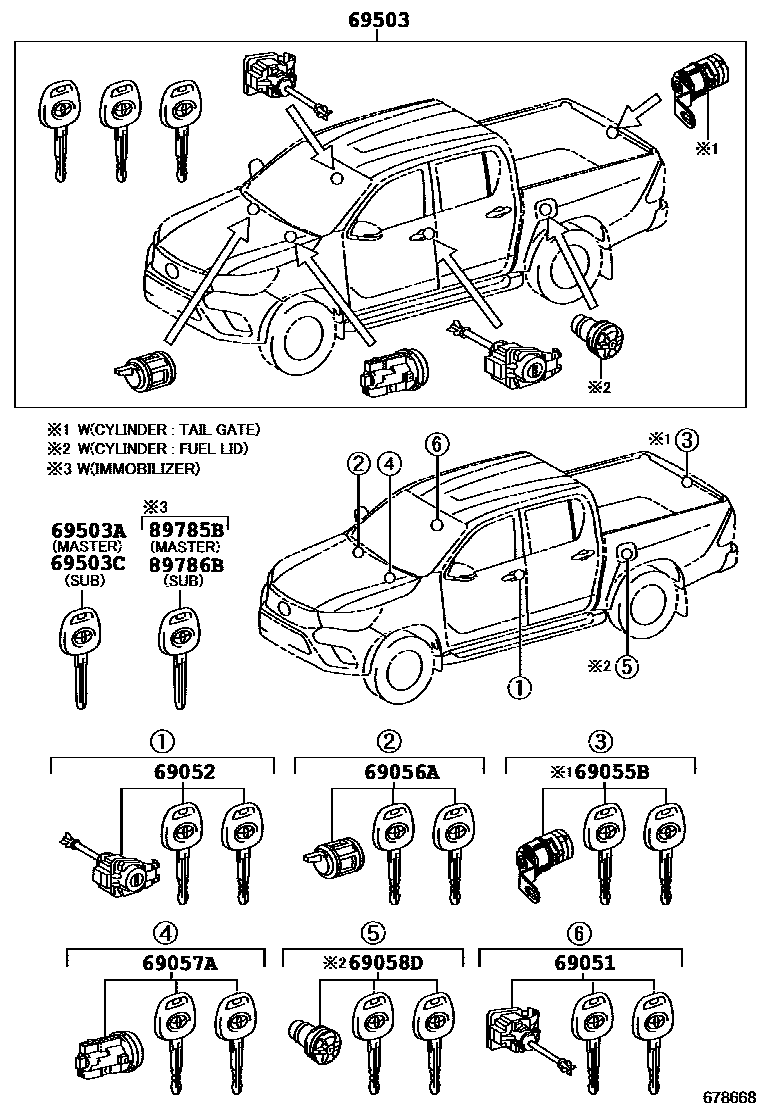 Toyota HILUX 锁芯组件 EPC diagram — 678668