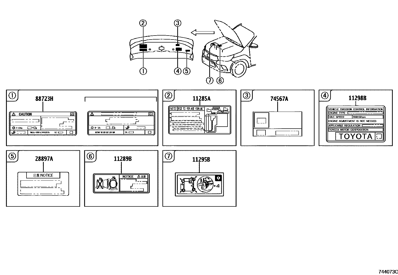 Toyota HILUX warning nameplate EPC diagram — 744073G