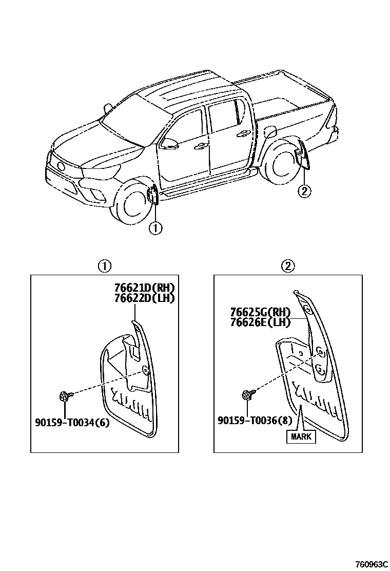 Toyota HILUX 扰流板和侧挡泥板 EPC diagram — 760963C