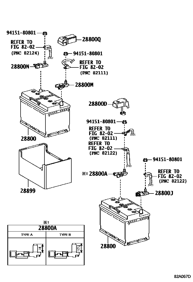Toyota HILUX 蓄电池和蓄电池电缆 EPC diagram — 82A067D