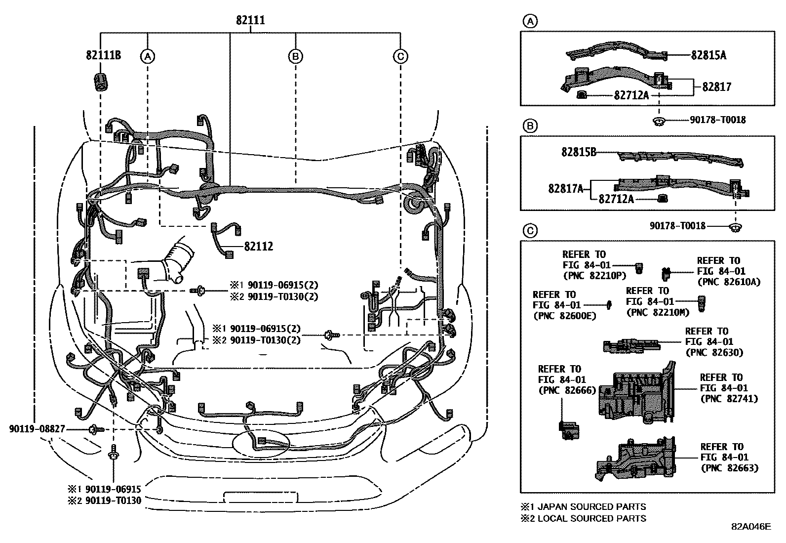 Toyota HILUX 线束和卡夹 EPC diagram — 82A046E
