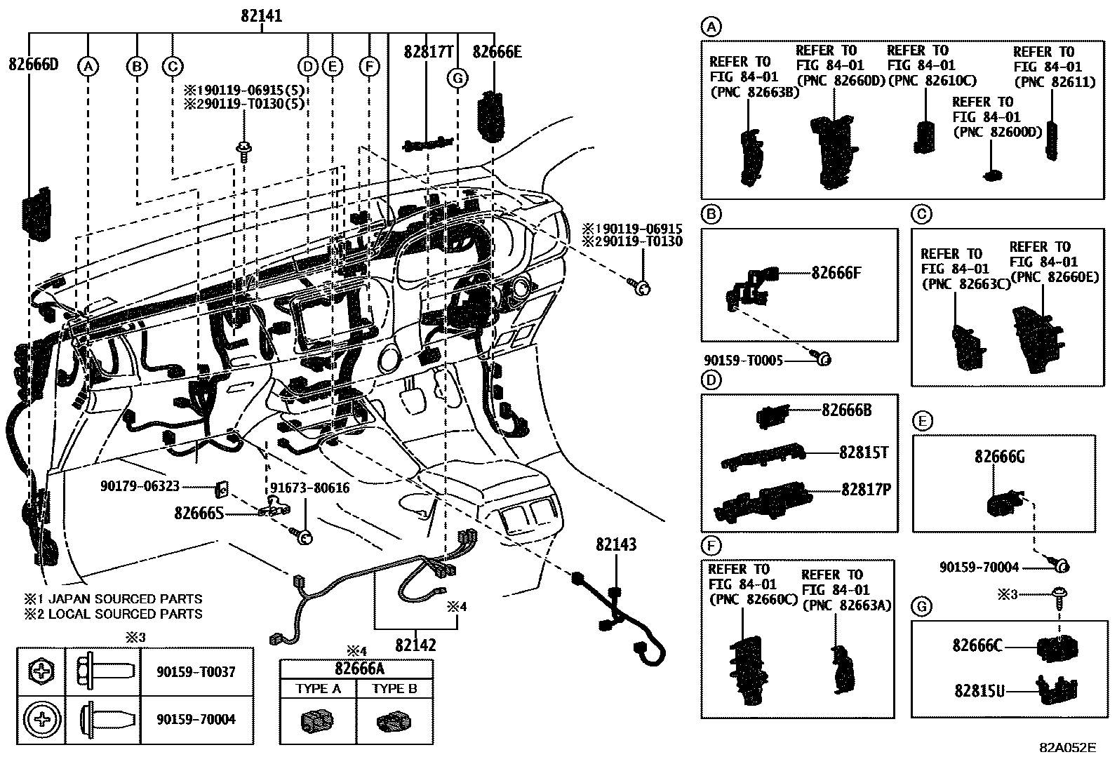 Toyota HILUX 线束和卡夹 EPC diagram — 82A052E