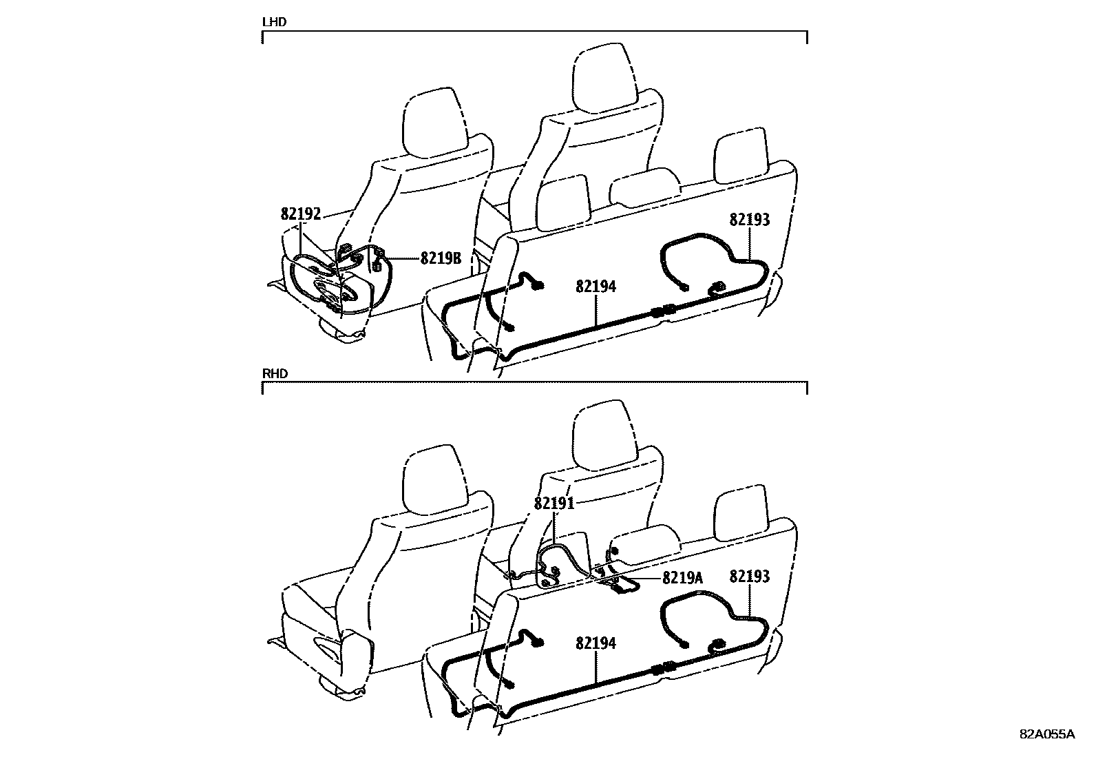 Toyota HILUX 线束和卡夹 EPC diagram — 82A055A