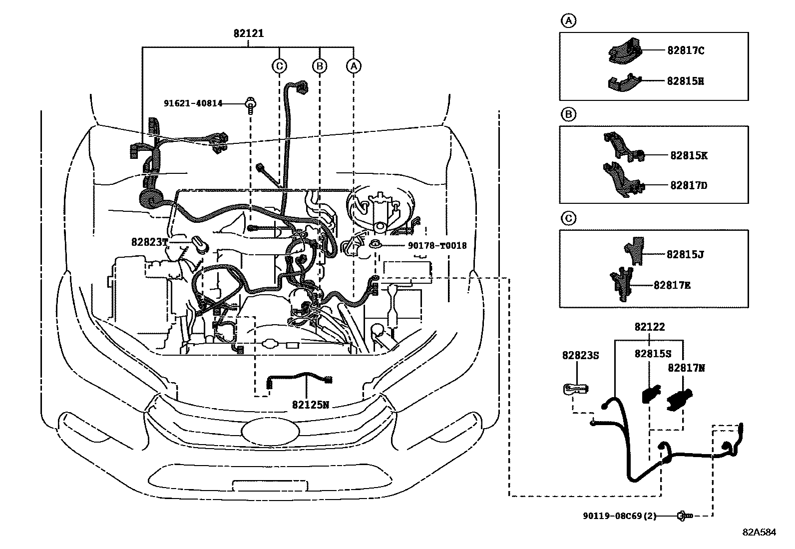 Toyota HILUX 线束和卡夹 EPC diagram — 82A584