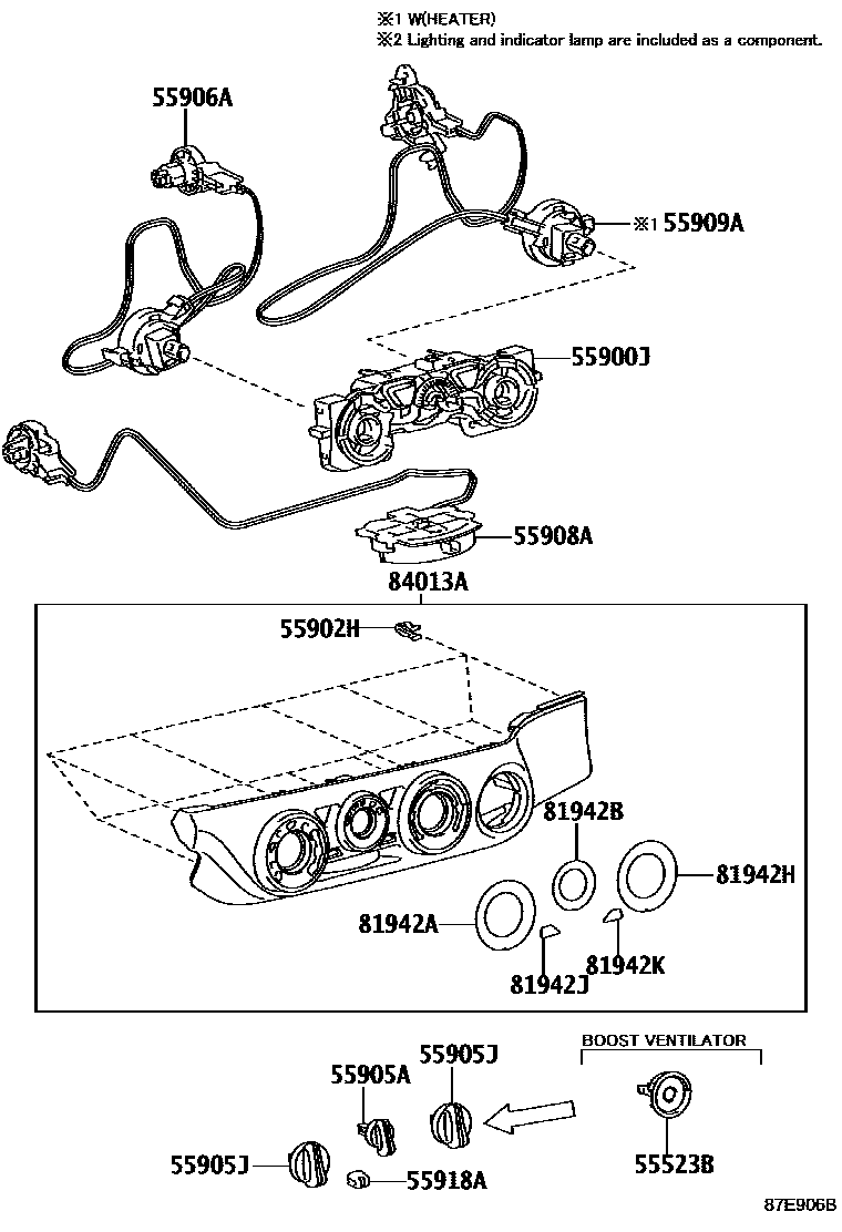 Toyota HILUX 暖风和空调系统 - 控制器和风管 EPC diagram — 87E906C