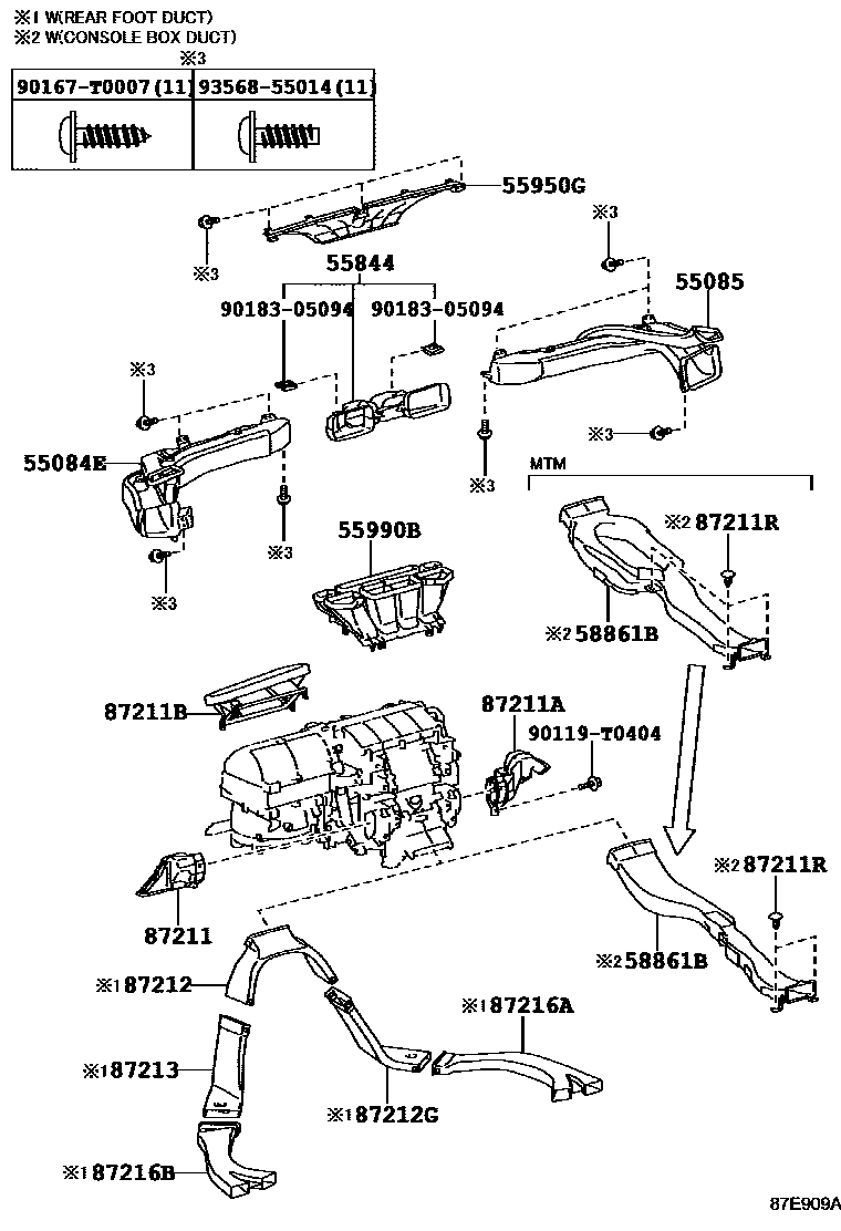 Toyota HILUX 暖风和空调系统 - 控制器和风管 EPC diagram — 87E909A