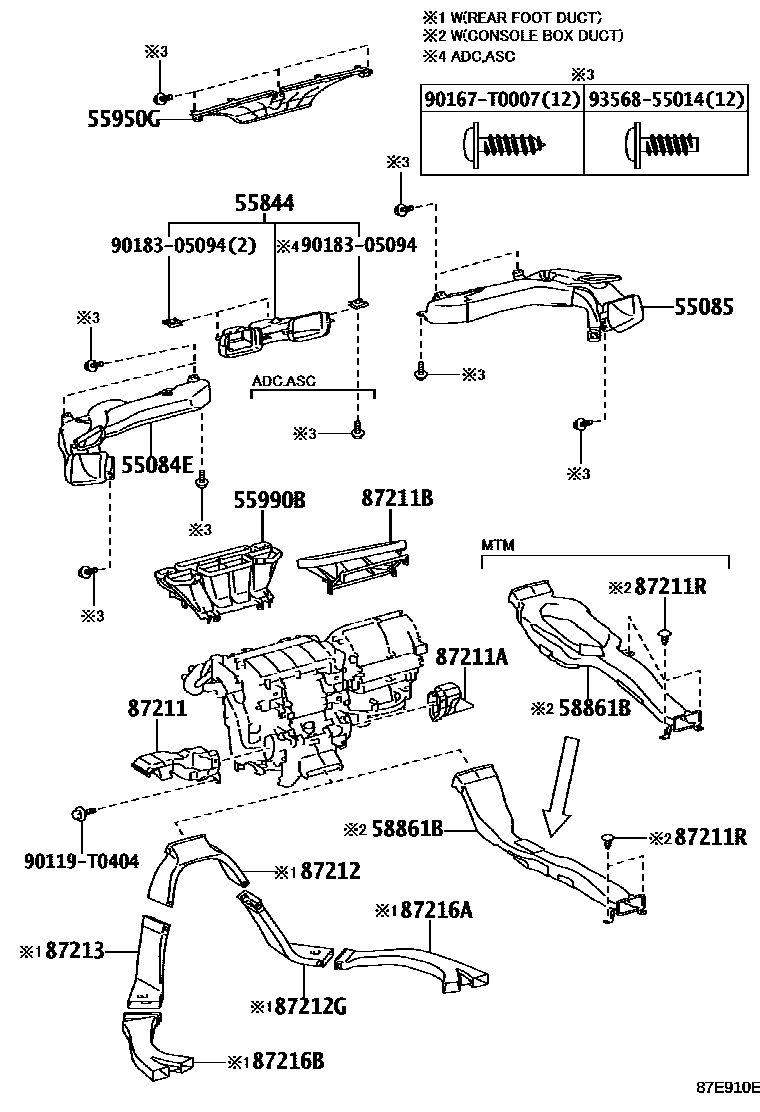 Toyota HILUX 暖风和空调系统 - 控制器和风管 EPC diagram — 87E910E