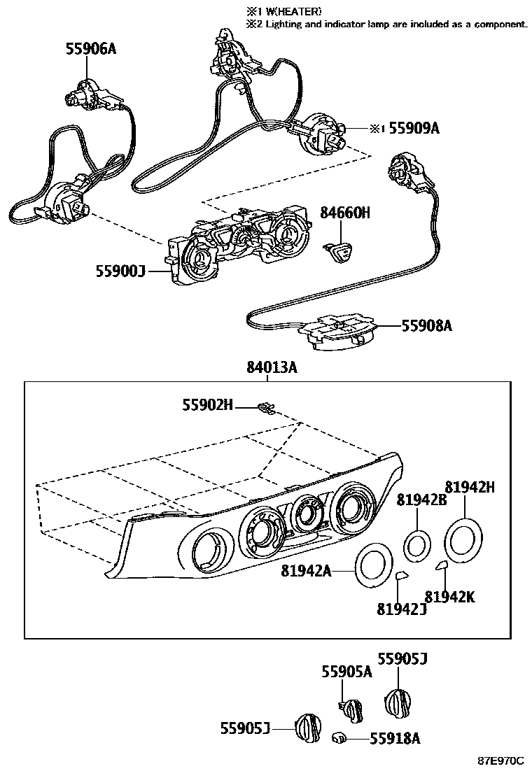 Toyota HILUX 暖风和空调系统 - 控制器和风管 EPC diagram — 87E970C