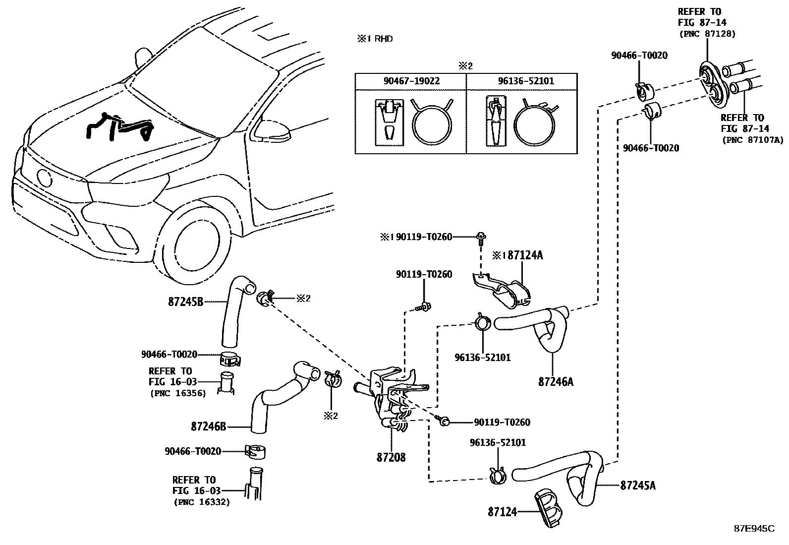 Toyota HILUX 暖风和空调系统 - 水管 EPC diagram — 87E945C