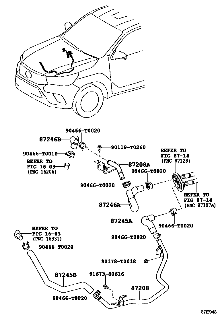 Toyota HILUX 暖风和空调系统 - 水管 EPC diagram — 87E948